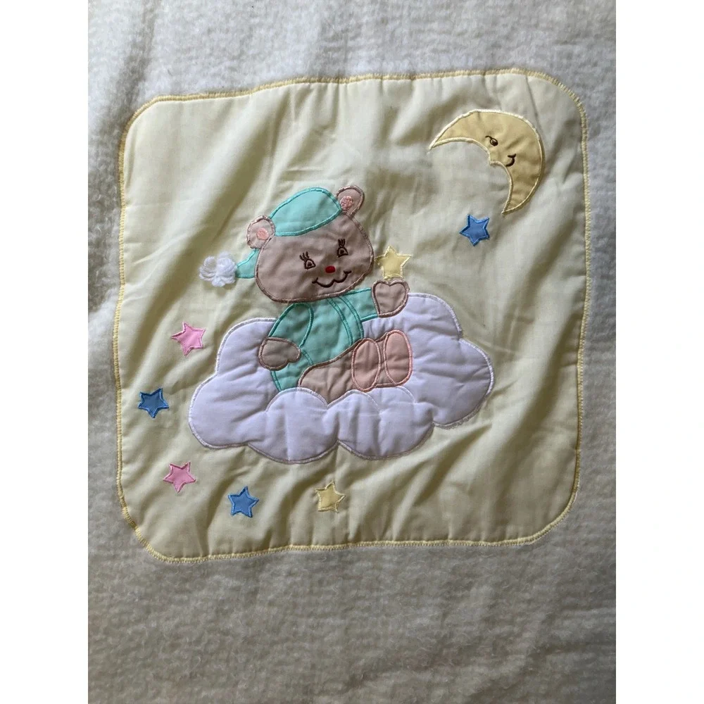 Vintage Quiltex Baby Blanket Teddy Bear Cloud‎ Moon Stars Yellow Cream 34x37 USA